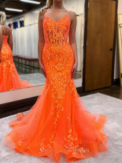 Mermaid V-neck Tulle Prom Dresses With Appliques #Milly020121677