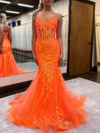 Trumpet/Mermaid V-neck Tulle Sweep Train Prom Dresses With Appliques Lace #Milly020121677