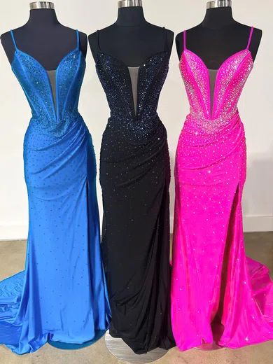Mermaid V-neck Jersey Beaded Prom Dresses With Ruched #Milly020121685