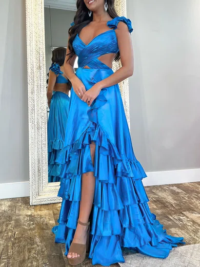 A-line V-neck Satin Cut Out Ruffle Tiered Prom Dresses #Milly020121690