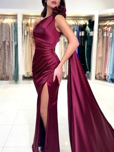 Sheath/Column One Shoulder Satin Floor-length Formal Dresses With Split Front PT020121698