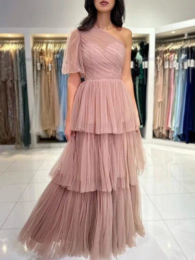 Ball Gown One Shoulder Tulle Ruffle Tiered Prom Dresses With Sleeves #Milly020121699