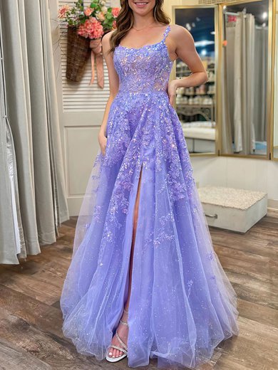 Ball Gown/Princess Scoop Neck Tulle Glitter Floor-length Prom Dresses With Split Front #Milly020121704