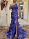 Trumpet/Mermaid One Shoulder Sequined Sweep Train Prom Dresses With Appliques Lace #Milly020121705