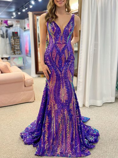 Trumpet/Mermaid V-neck Sequined Sweep Train Prom Dresses #Milly020121706