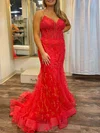 Trumpet/Mermaid V-neck Tulle Sweep Train Prom Dresses With Appliques Lace #Milly020121713