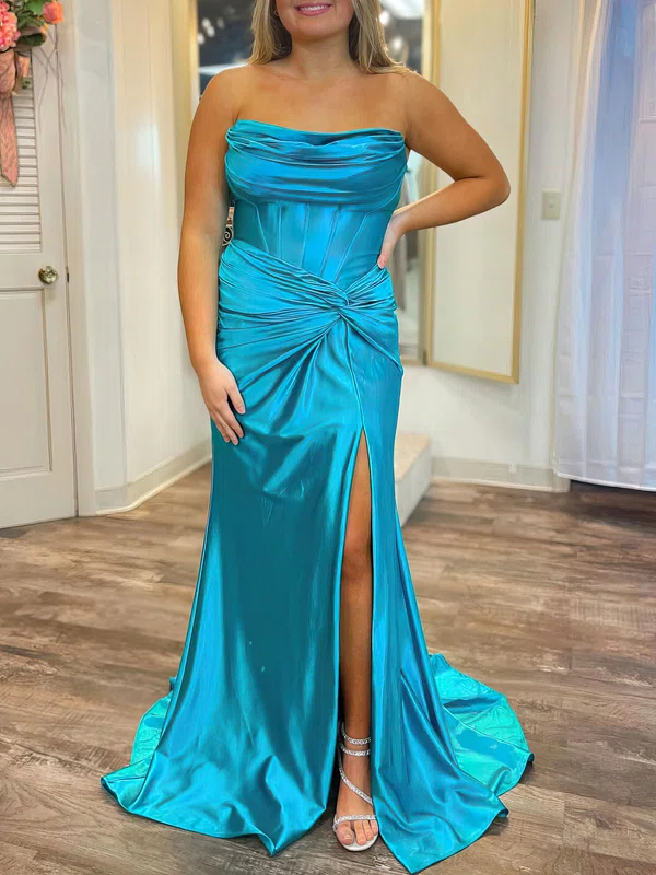 Trumpet/Mermaid Cowl Neck Silk-like Satin Sweep Train Prom Dresses With Split Front #Milly020121715