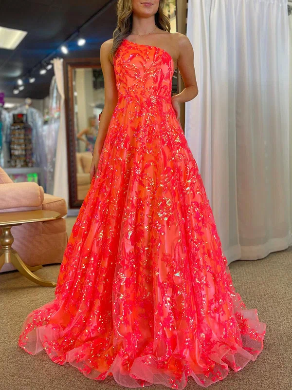 Ball Gown/Princess One Shoulder Tulle Sweep Train Prom Dresses With Appliques Lace #Milly020121716