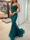 Trumpet/Mermaid Scoop Neck Tulle Sweep Train Prom Dresses With Appliques Lace #Milly020121720