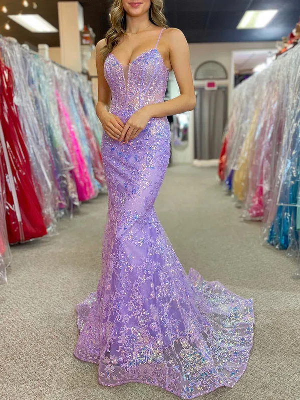 Trumpet/Mermaid V-neck Glitter Sweep Train Prom Dresses With Appliques Lace #Milly020121722