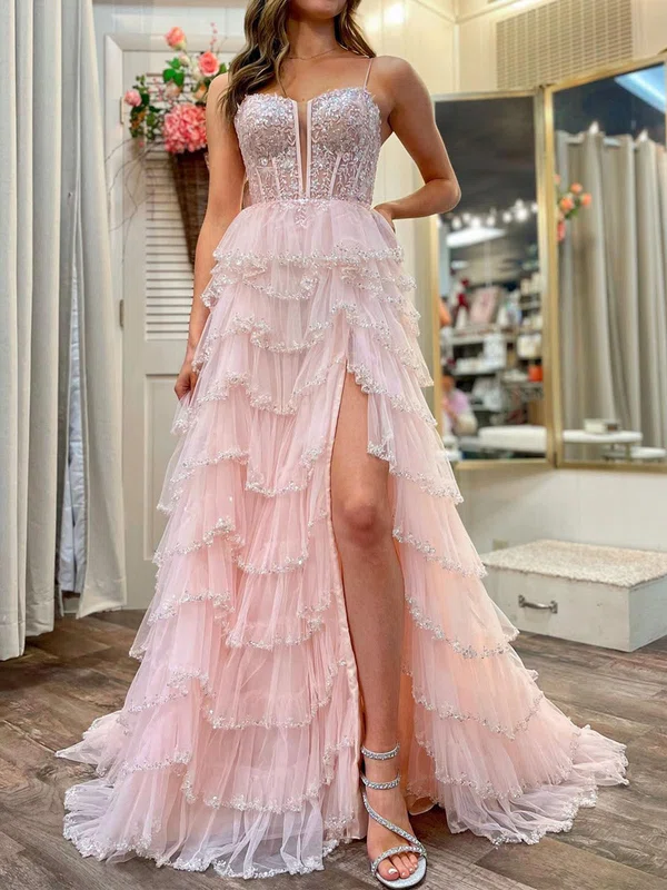Ball Gown V-neck Tulle Tiered Prom Dresses With Appliques #Milly020121724