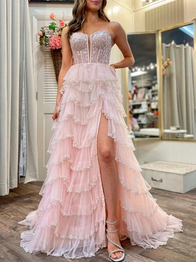 Ball Gown/Princess V-neck Tulle Sweep Train Prom Dresses With Appliques Lace #Milly020121724