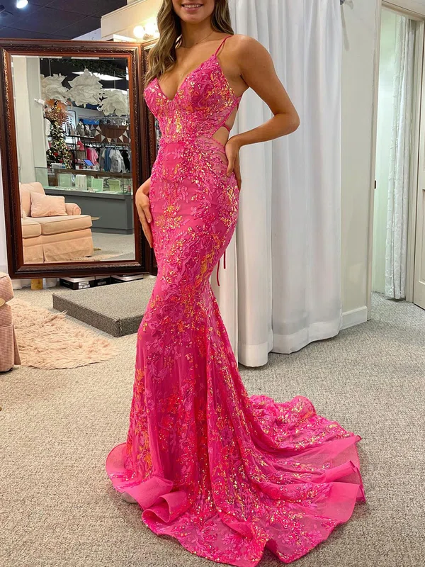 Trumpet/Mermaid V-neck Lace Sweep Train Prom Dresses With Appliques Lace #Milly020121726