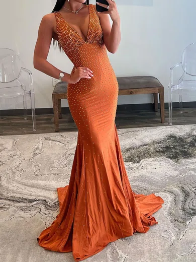 Simple Long Mermaid Red Jersey Beaded Prom Dresses, Cheap Prom Dresses