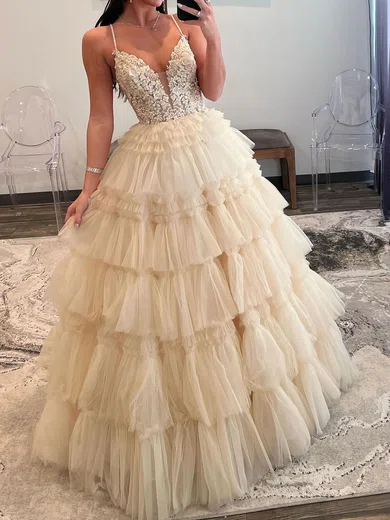 Princess V-neck Tulle Ruffle Tiered Prom Dresses With Appliques #Milly020121750