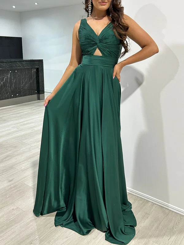 A-line V-neck Silk-like Satin Floor-length Prom Dresses With Ruched #Milly020121752