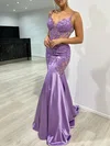 Trumpet/Mermaid V-neck Silk-like Satin Sweep Train Prom Dresses With Beading #Milly020121754