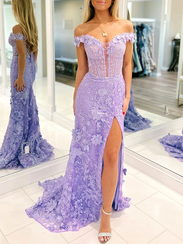Trumpet/Mermaid Off-the-shoulder Lace Sweep Train Prom Dresses With Appliques Lace #Milly020121789