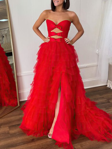 Ball Gown/Princess Sweetheart Tulle Sweep Train Prom Dresses With Tiered #Milly020121800