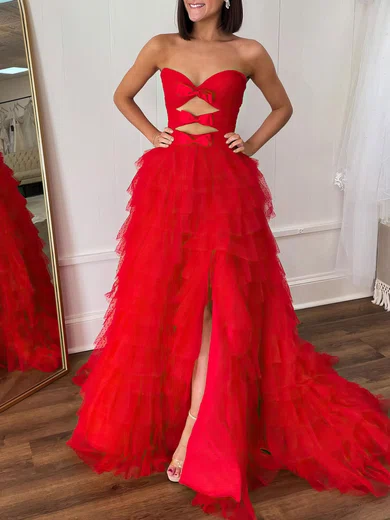Ball Gown Strapless Tulle Tiered Prom Dresses With Beading #Milly020121800
