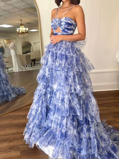 Ball Gown Halter Tulle Floral Ruffle Tiered Prom Dresses #Milly020121803
