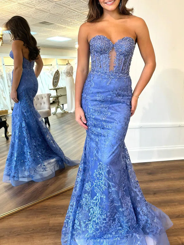 Trumpet/Mermaid Sweetheart Lace Sweep Train Prom Dresses With Appliques Lace #Milly020121804