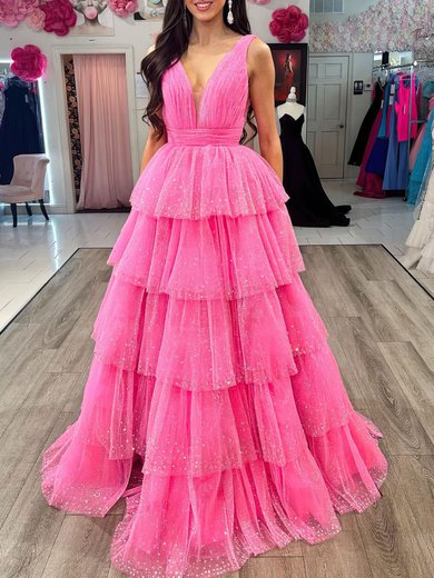 Ball Gown/Princess V-neck Glitter Sweep Train Prom Dresses With Tiered #Milly020121809