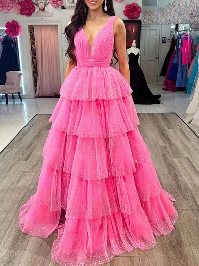Ball Gown V-neck Tulle Tiered Prom Dresses With Appliques #Milly020121809