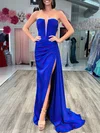 Sheath/Column Straight Silk-like Satin Sweep Train Prom Dresses With Ruched #Milly020121810