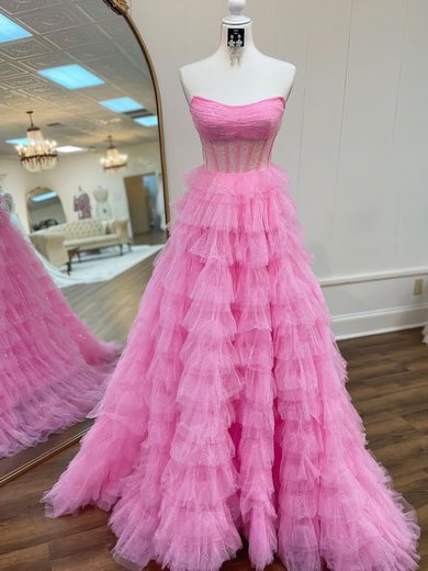 Ball Gown/Princess Straight Glitter Sweep Train Prom Dresses With Tiered #Milly020121820