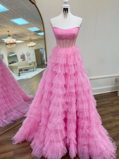 Ball Gown Strapless Tulle Ruffle Tiered Prom Dresses #Milly020121820