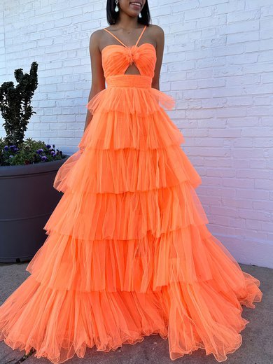 Ball Gown/Princess Halter Tulle Sweep Train Prom Dresses With Tiered #Milly020121821