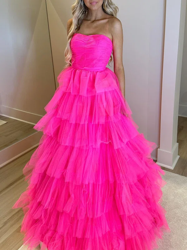 Ball Gown/Princess Straight Tulle Sweep Train Prom Dresses With Tiered #Milly020121822