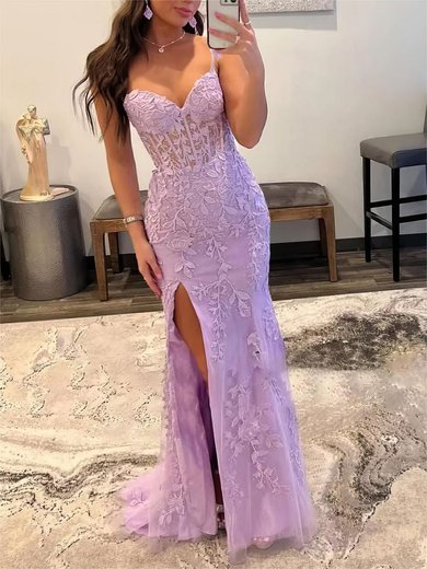 Trumpet/Mermaid Sweetheart Tulle Sweep Train Prom Dresses With Appliques Lace S020121857