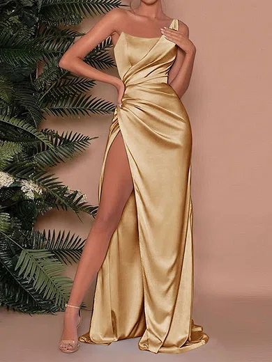 Sheath/Column One Shoulder Satin Prom Dresses With Ruched #Milly020121858