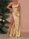 Sheath/Column One Shoulder Silk-like Satin Sweep Train Prom Dresses With Ruched #Milly020121858