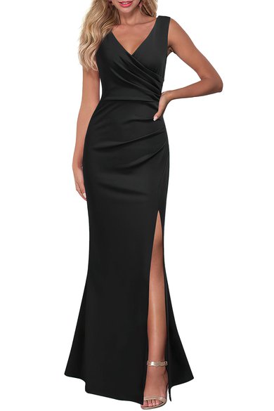 Trumpet/Mermaid V-neck Stretch Crepe Floor-length Prom Dresses With Ruched #Milly020121859