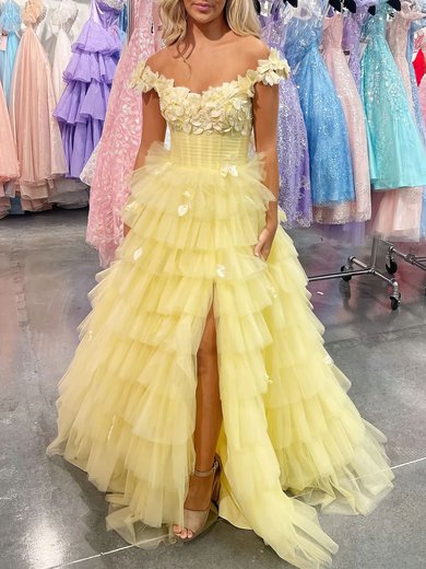 Ball Gown Off-the-shoulder Tulle Sweep Train Prom Dresses With Tiered #Milly020121867