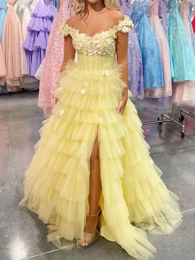 Ball Gown Off-the-shoulder Tulle Tiered Prom Dresses With 3D Floral #Milly020121867