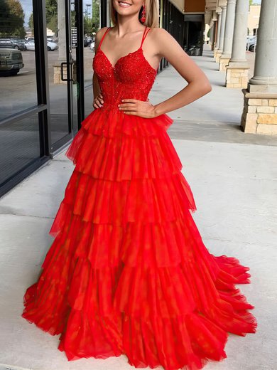 Ball Gown V-neck Tulle Glitter Sweep Train Prom Dresses With Appliques Lace #Milly020121869