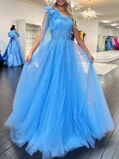 Ball Gown One Shoulder Tulle Sweep Train Prom Dresses With Appliques Lace #Milly020121870