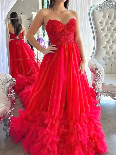 Ball Gown Strapless Tulle Ruffle Tiered Prom Dresses With Appliques #Milly020121874