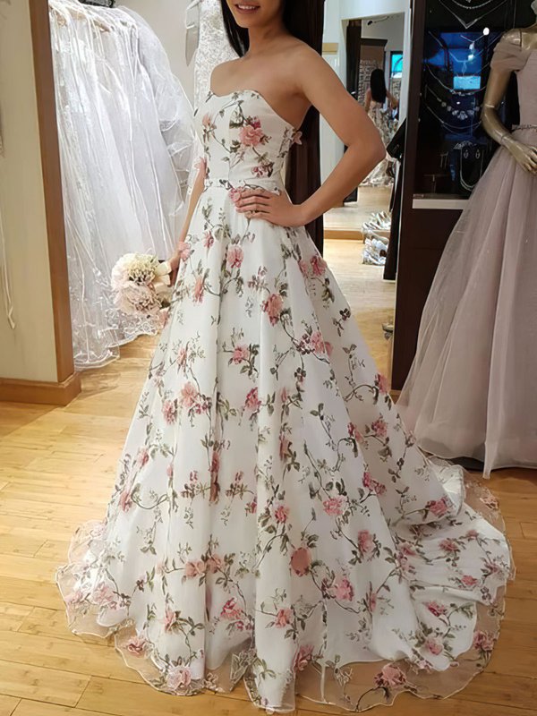 Ball Gown Sweetheart Organza Sweep Train Prom Dresses With Flower(s ...