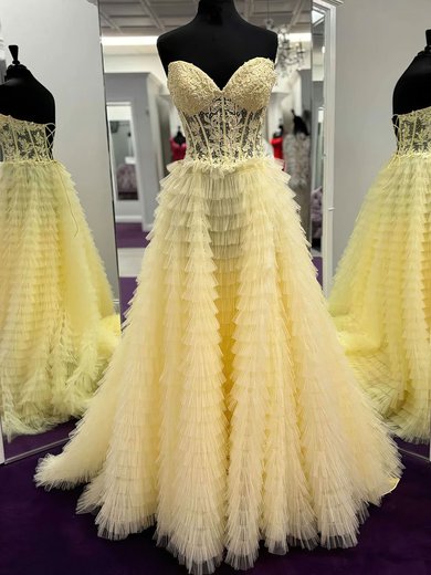 Ball Gown Sweetheart Tulle Sweep Train Prom Dresses With Appliques Lace #Milly020121880