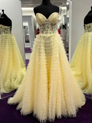 Ball Gown Strapless Tulle Ruffle Tiered Prom Dresses With Appliques #Milly020121880