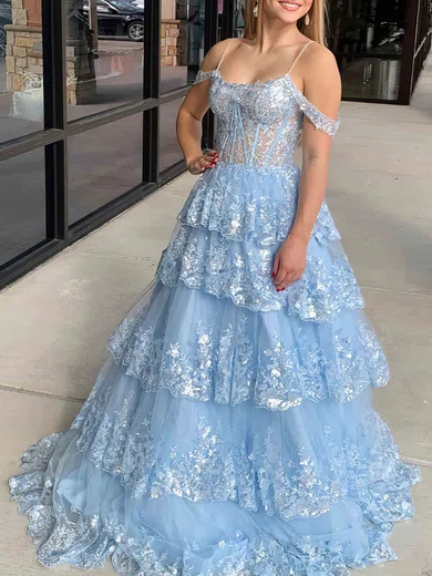 Ball Gown Off-the-shoulder Tulle Tiered Prom Dresses With Appliques #Milly020121882