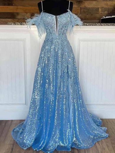 Ball Gown V-neck Sequined Sweep Train Prom Dresses With Appliques Lace #Milly020121883