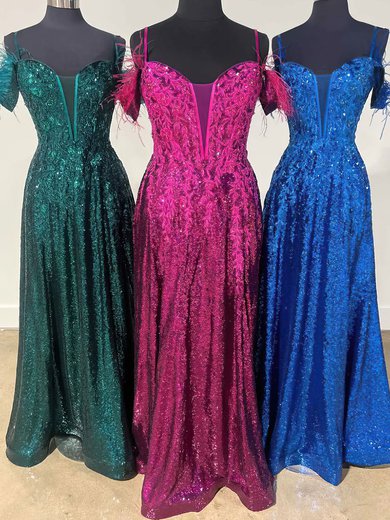Ball Gown V-neck Sequined Floor-length Prom Dresses With Appliques Lace #Milly020121885