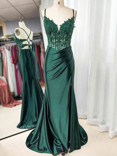 Trumpet/Mermaid V-neck Silk-like Satin Sweep Train Prom Dresses With Beading #Milly020121886