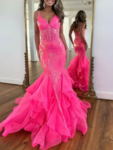 Trumpet/Mermaid V-neck Organza Sequined Sweep Train Prom Dresses With Beading #Milly020121891